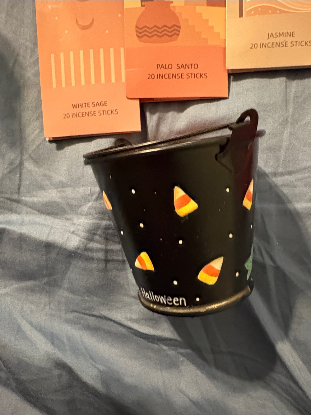 Green Plaid Reusable Gift Tote with Halloween items!! Coffee cup, candle, etc - Picture 9 of 16